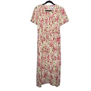 Vintage Lisa Jo Floral Pleated Short Sleeve Maxi Dress Butter Yellow Pink Sz 14